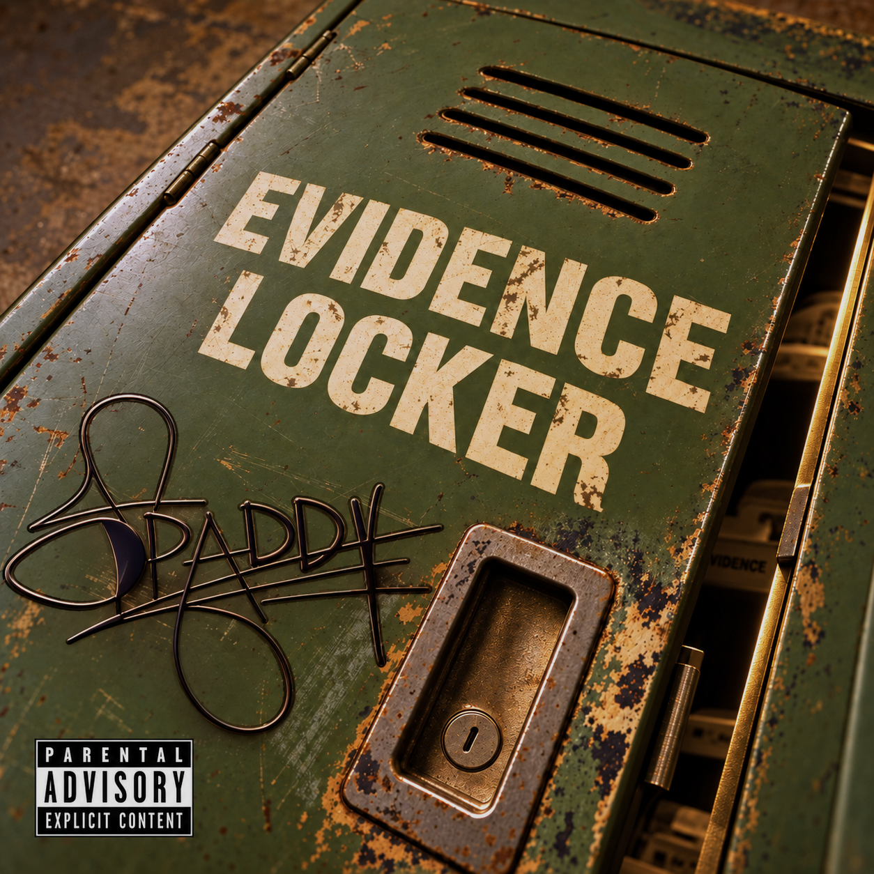 SPADDY — EVIDENCE LOCKER. The official album cover: an olive metal locker with an amber-lit opening and a Parental Advisory label.